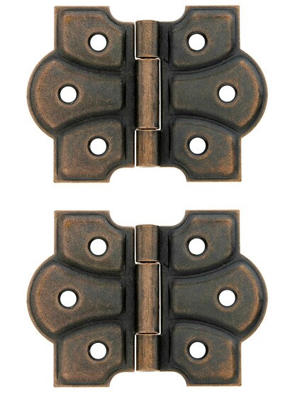 Pair of Small Craftsman Flush Mount Cabinet Hinges - 1 3/4 inch H x 2 3/8 inch W in Antique Copper.